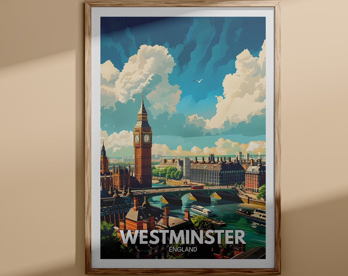 London Westminster Big Ben Parliament Riverside Vintage Travel Poster