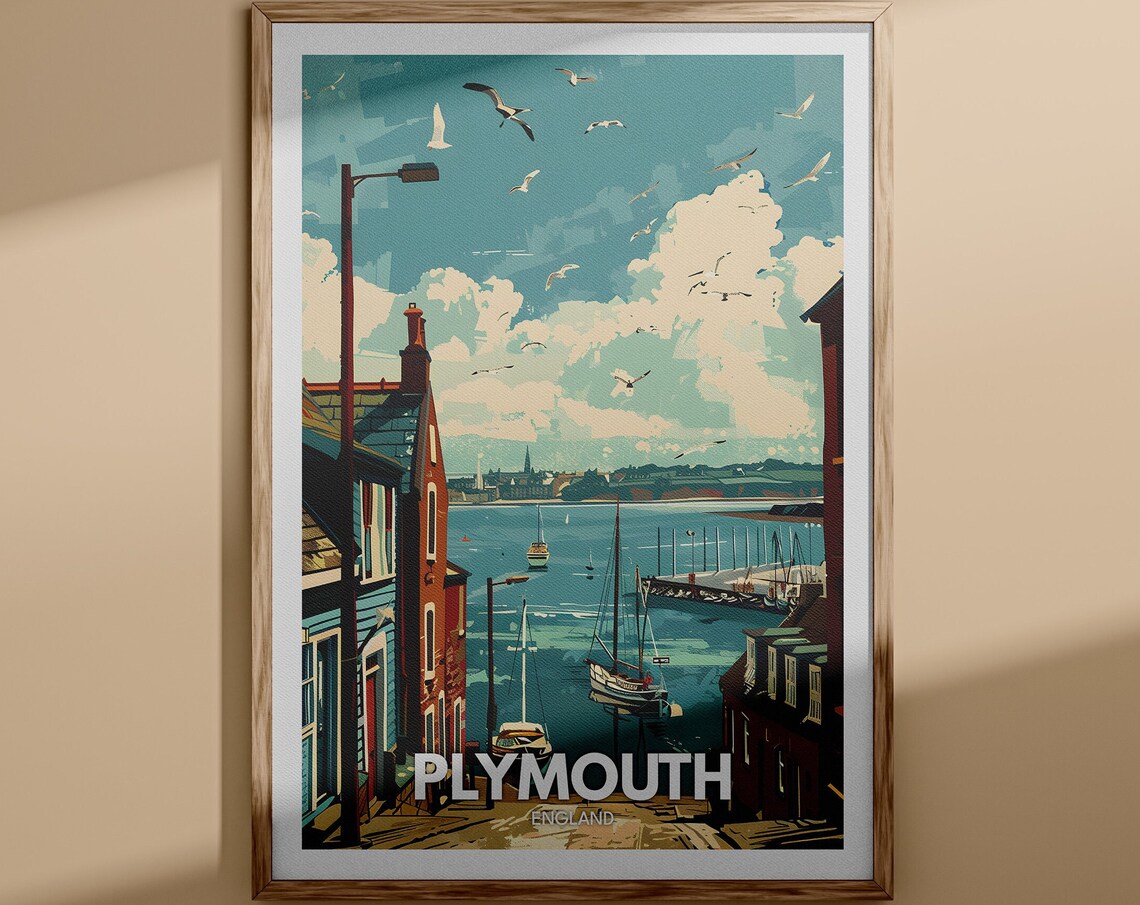 Plymouth England Historic Harbour Sailing View Vintage Travel Poster