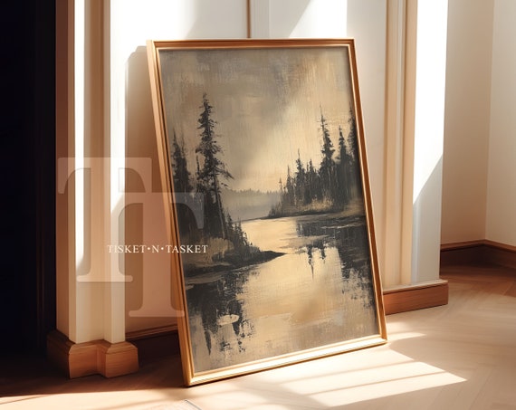 Landscape Painting Of Trees Surrounding A Lake Beige Grey And Black Cabin Art Wall