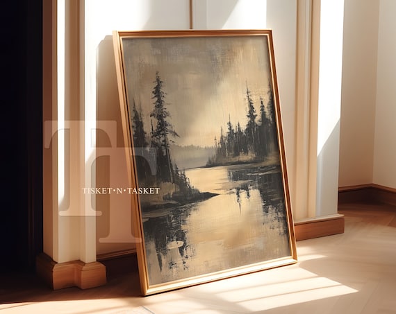 Monochrome Pine Forest Lake Landscape Moody Beige Grey Painting Poster