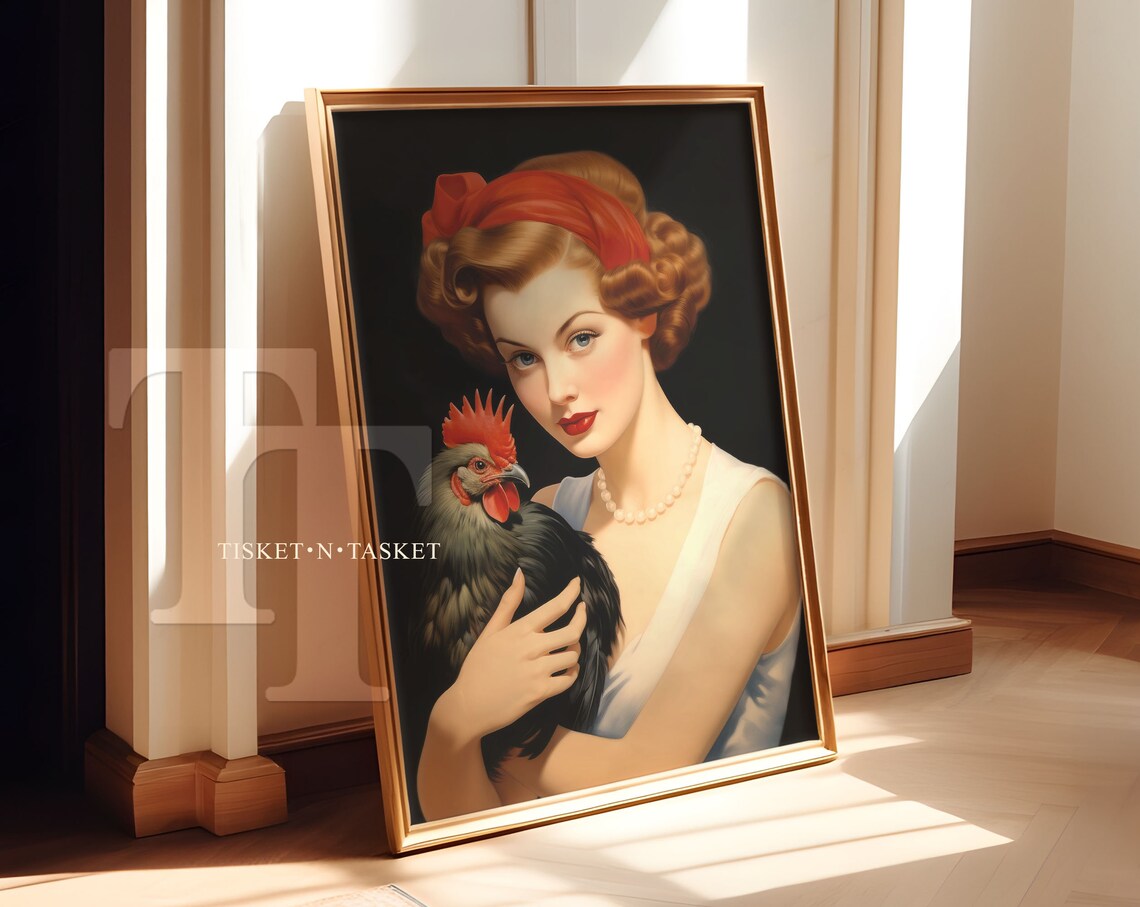 Vintage Pin Up Woman Holding Black Rooster Red Headscarf Poster
