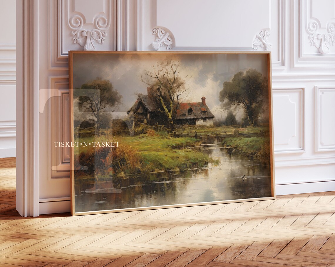 Country Cottage By Water, Vintage Style Art Print