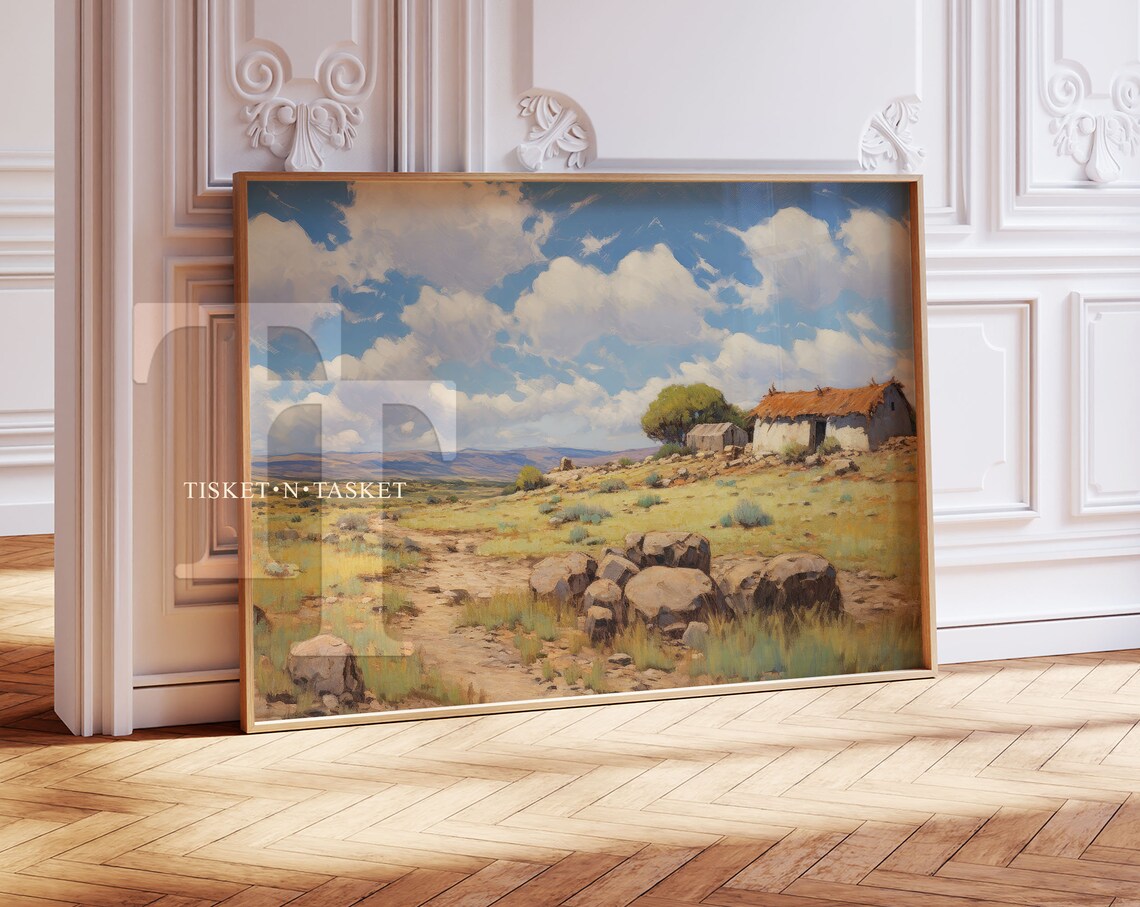 Rocky Grassland Prairie Stone Hut Landscape Vintage Painting Print