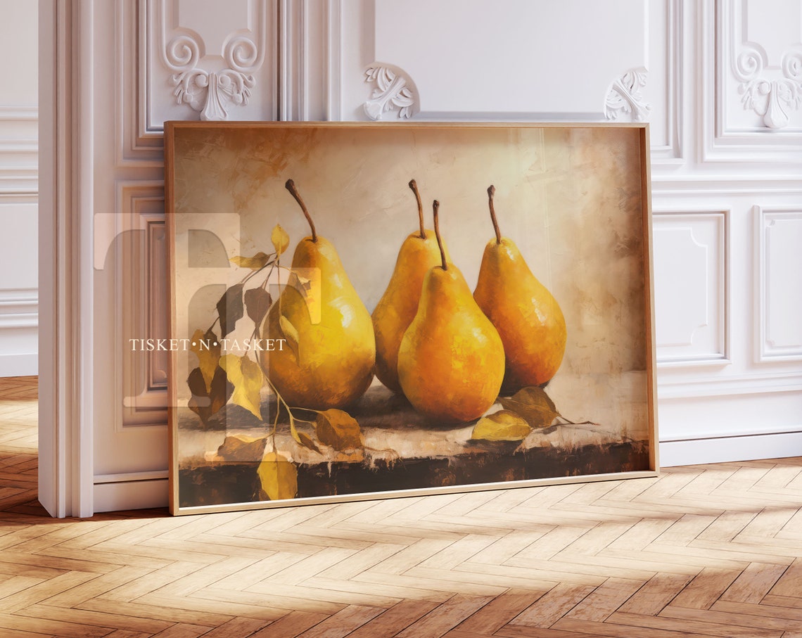 Golden Pears Still Life Vintage Fruit Painting Horizontal Wall Art