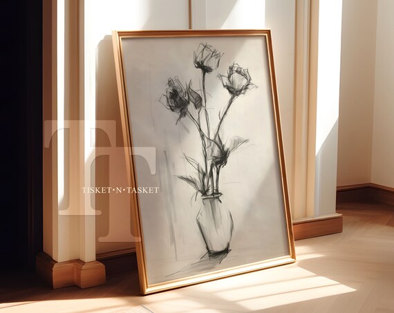 Black And White Rose Sketch In Vase Minimalist Floral Art Poster