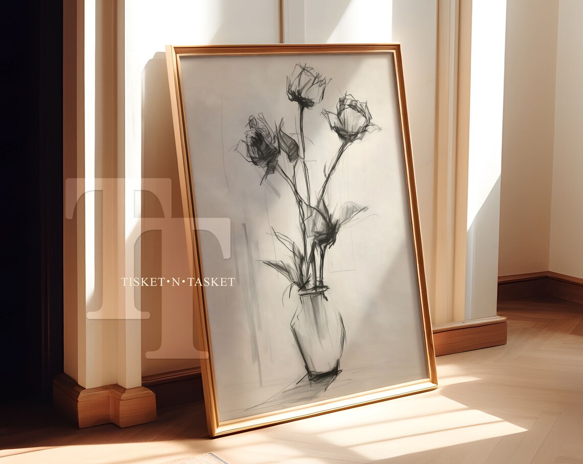 Black And White Rose Sketch In Vase Minimalist Floral Art Poster