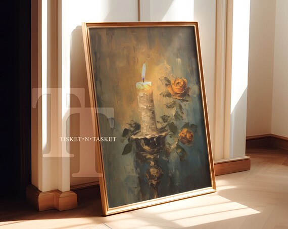 Vintage Candlelight Painting with Roses Moody Romantic Wall Art
