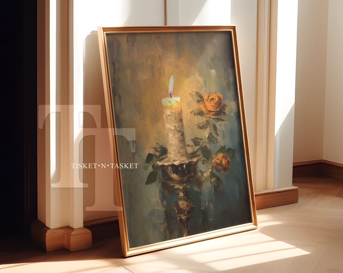 Vintage Candlelight Painting with Roses Moody Romantic Wall Art