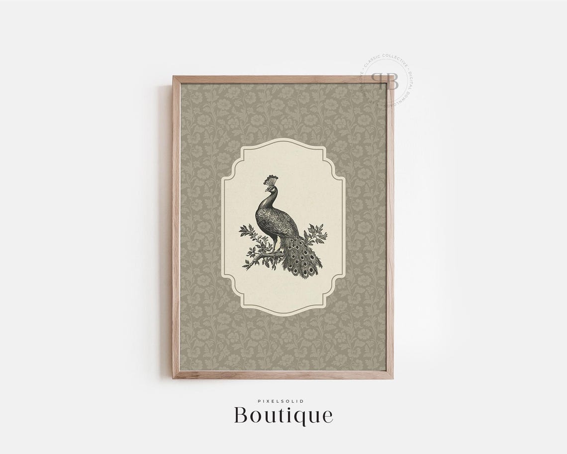 Peacock Engraving Vintage Illustration Ornate Olive Frame Poster