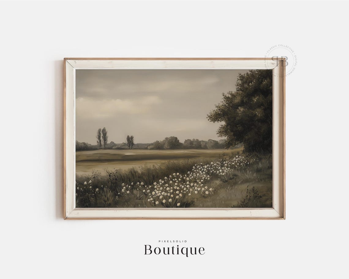 Muted Wildflower Meadow Countryside Oil Painting Landscape Print