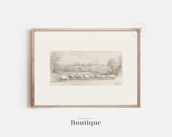Sheep Sketch Art Print, Rustic Vintage Farmhouse Decor