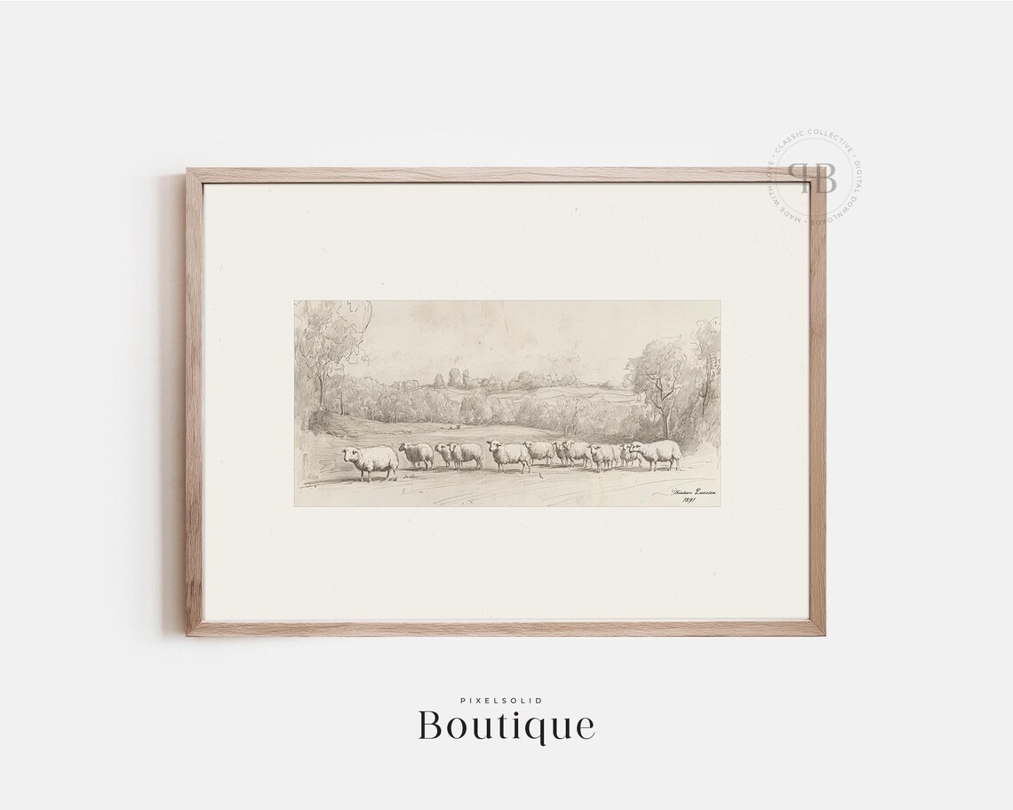 Sheep Sketch Art Print, Rustic Vintage Farmhouse Decor