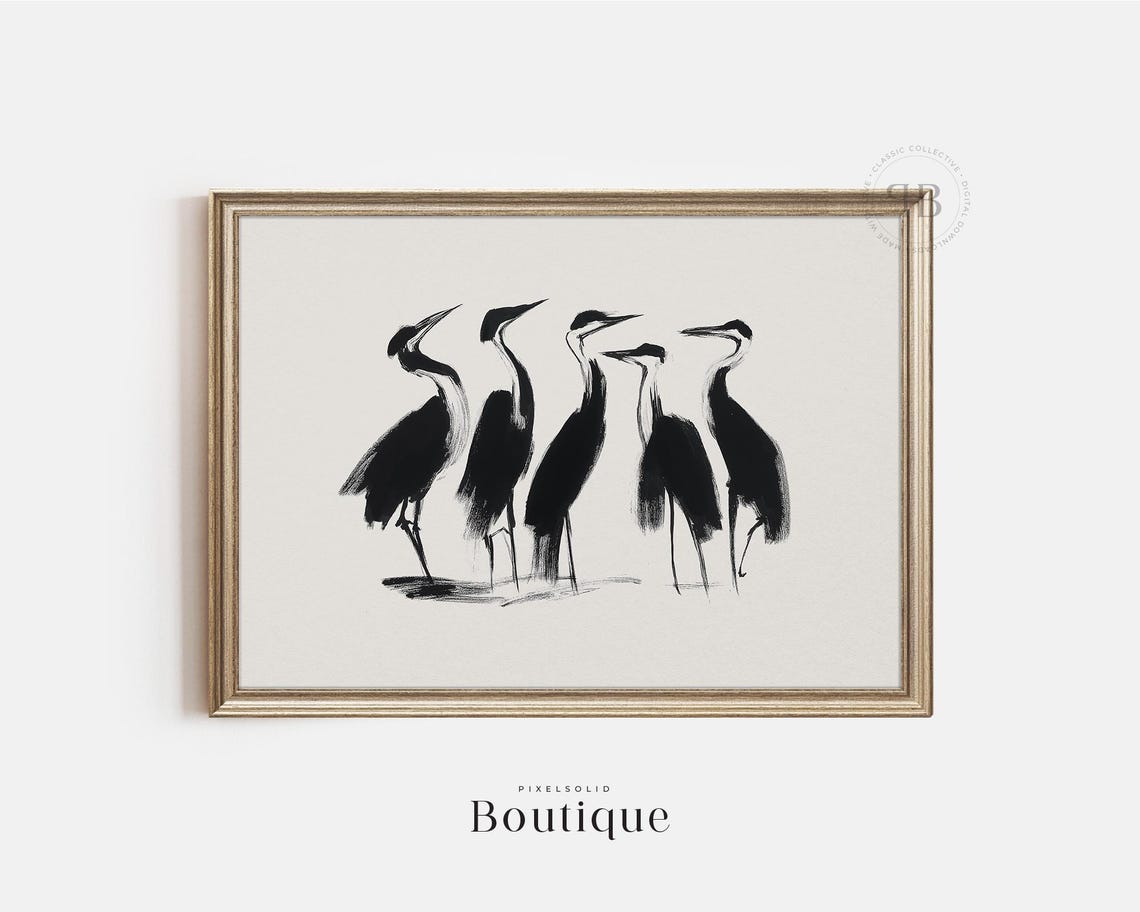 Five Herons Black Ink Brushstroke Minimalist Bird Art Poster