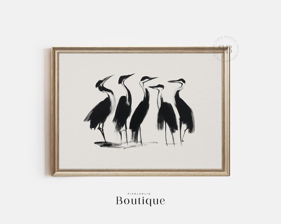 Crane Brushstroke Wall Art Minimalist Ink Bird Illustration Heron Monochrome Decor Vintage Style No729
