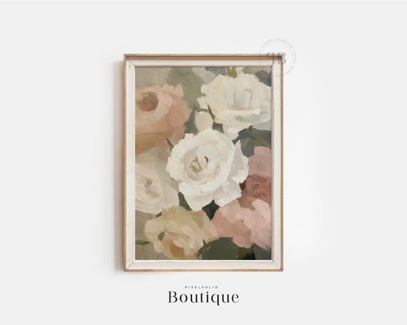 White Rose Floral Oil Painting Print Blush Peony Wall Art Romantic Botanical Bedroom Decor Vintage Style No759