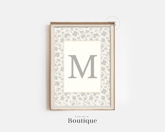 Elegant Floral Monogram Letter M Print New Baby Gift Design Initial Decor Nursery Art No494