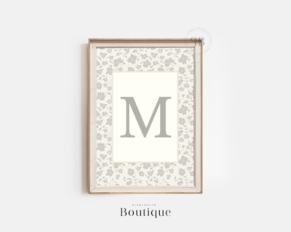 Elegant Letter M Monogram Grey Floral Initial Nursery Wall Art