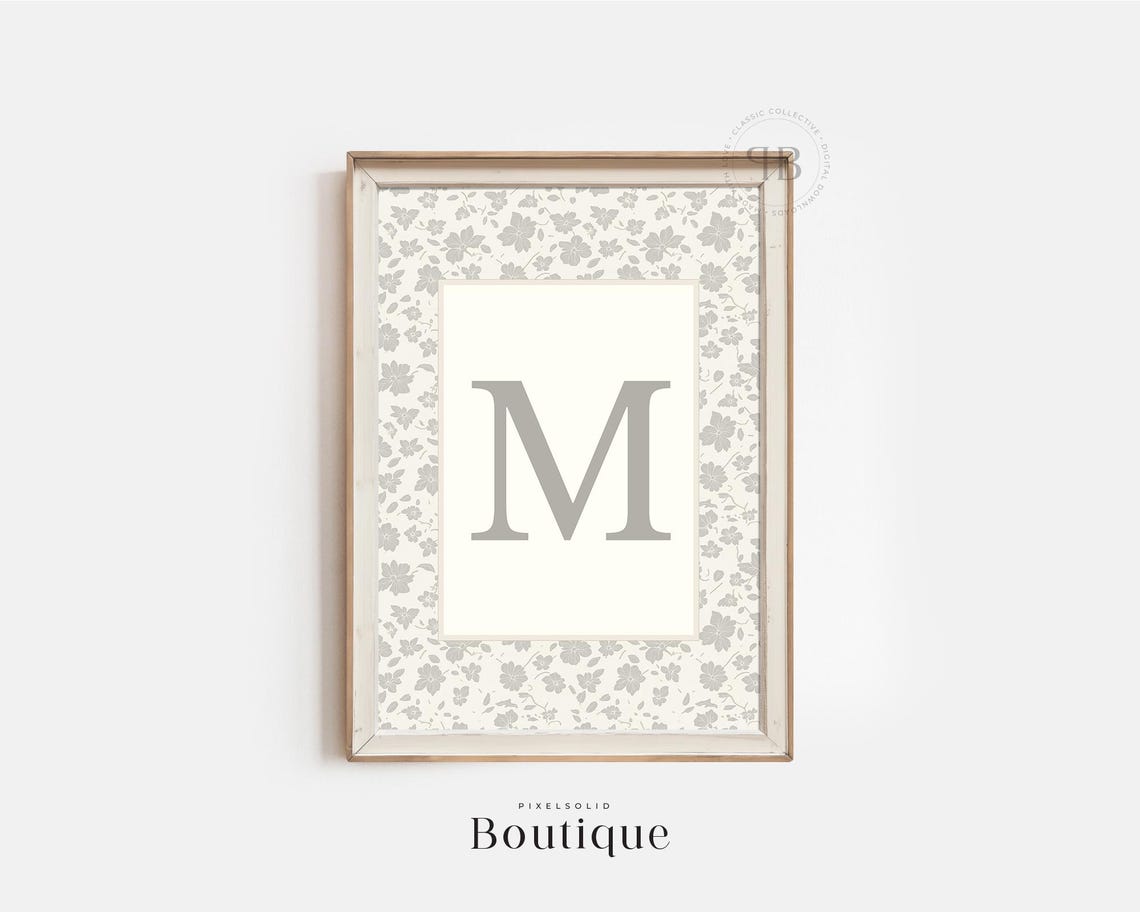 Elegant Letter M Monogram Grey Floral Initial Nursery Wall Art