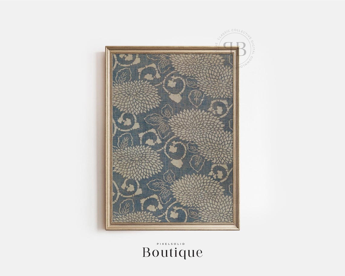 Chrysanthemum Floral Pattern Botanical Textile Wall Art Indigo Fabric Vintage Style No720