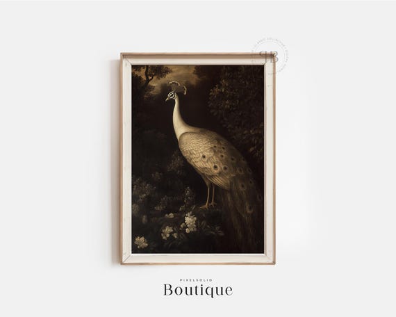 Regal White Peacock Painting Moody Print Rustic French Country Wall Decor Dark Baroque Bird Art Vintagestyle No571