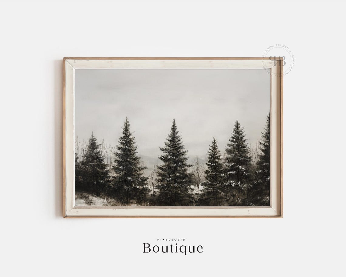 Winter Forest Snowy Pine Trees Neutral Landscape Painting Poster
