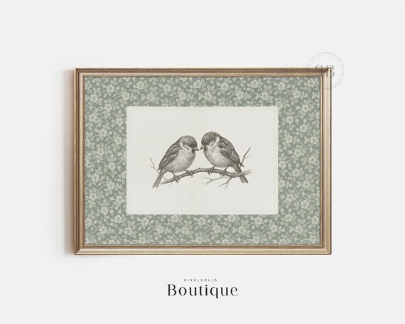 Bird Couple Wall Art Handdrawn Songbirds On Branch Illustration Rustic Nature Sketch Vintage Style No723