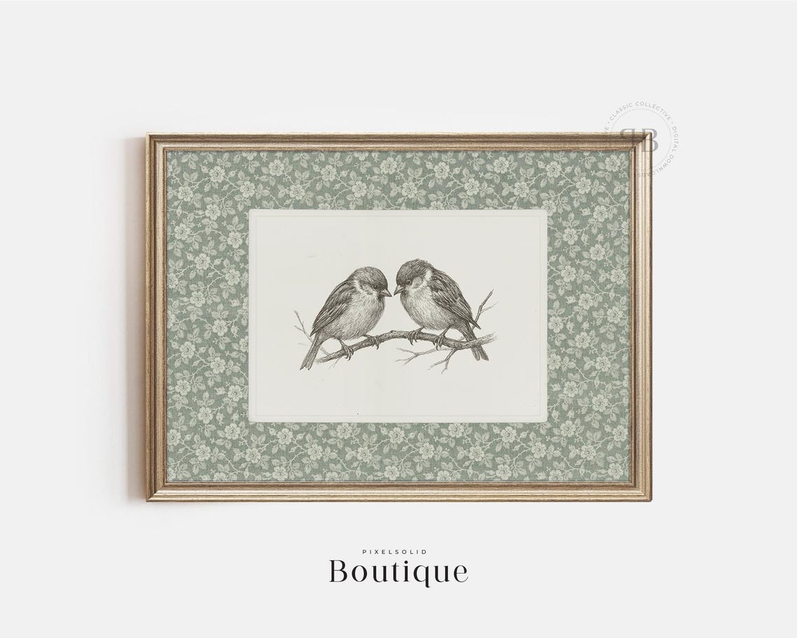 Two Songbirds on a Branch Vintage Sketch Print with Sage Floral Mat