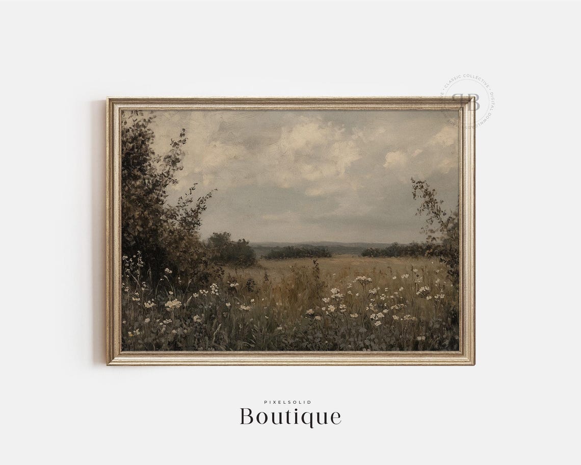 Spring Countryside Meadow With Wildflowers Vintage Rustic Poster