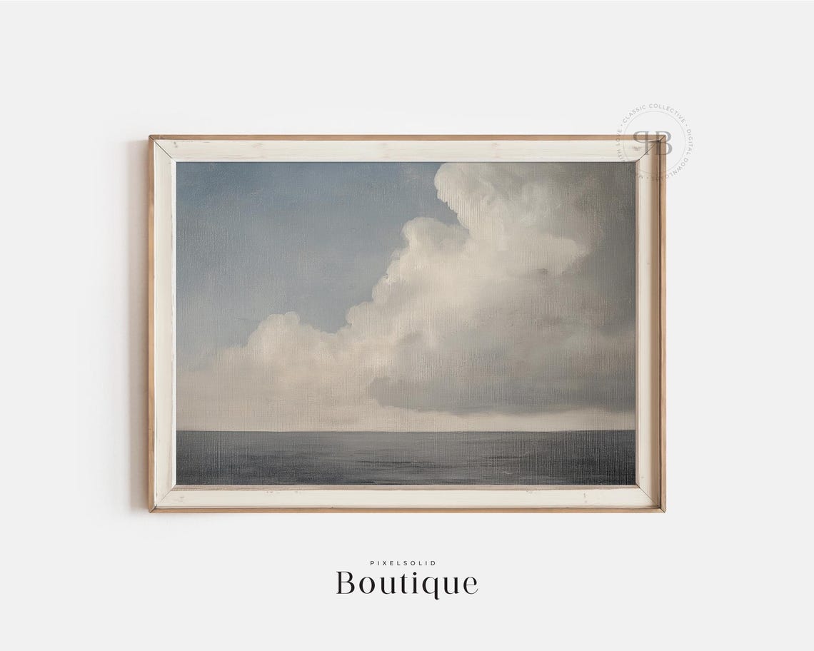 Serene Coastal Sky And Sea Minimalist Cloud Oil Painting Poster