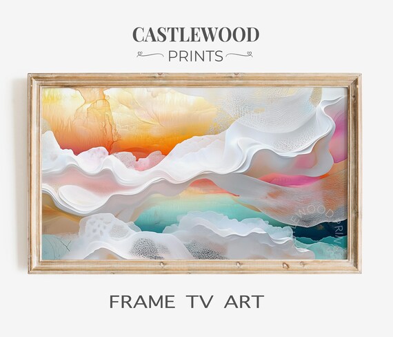 Warm Sunset Abstract Ocean Waves Coral Teal Frame TV Art Poster