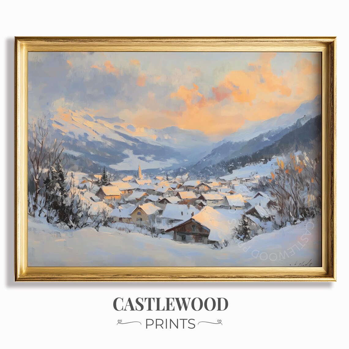Sunrise Over Snowy Alpine Village Valley Vintage Oil Painting Poster