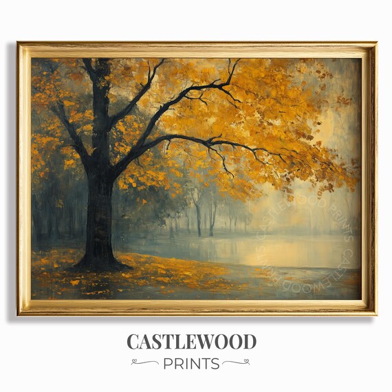 Vintage Autumn Tree By Misty Lake Rustic Fall Landscape Wall Art
