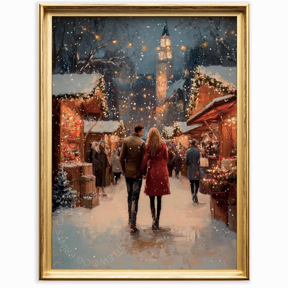 Romantic Winter Night Market Couple Snowy Christmas Scene Painting Poster