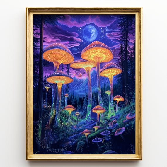 Psychedelic Forest At Night Vibrant Mushrooms Full Moon Art Enchanting Rustic Wall Decor Trippy Landscape Painting 193