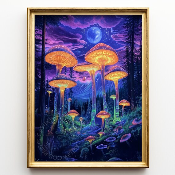 Psychedelic Glowing Mushroom Forest Night Neon Moon Painting Poster