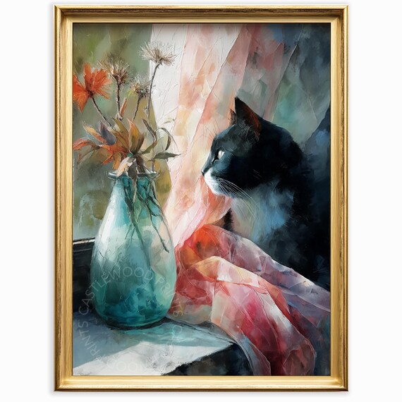 Tuxedo Cat Profile By Window With Flower Vase Colorful Oil Art Print