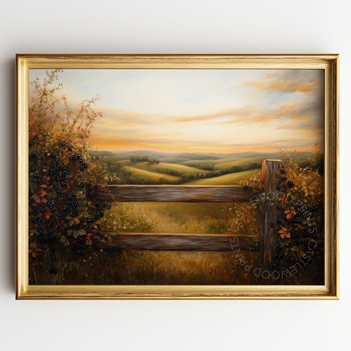 Rustic Wood Gate Overlooking Golden Sunset Countryside Art Poster