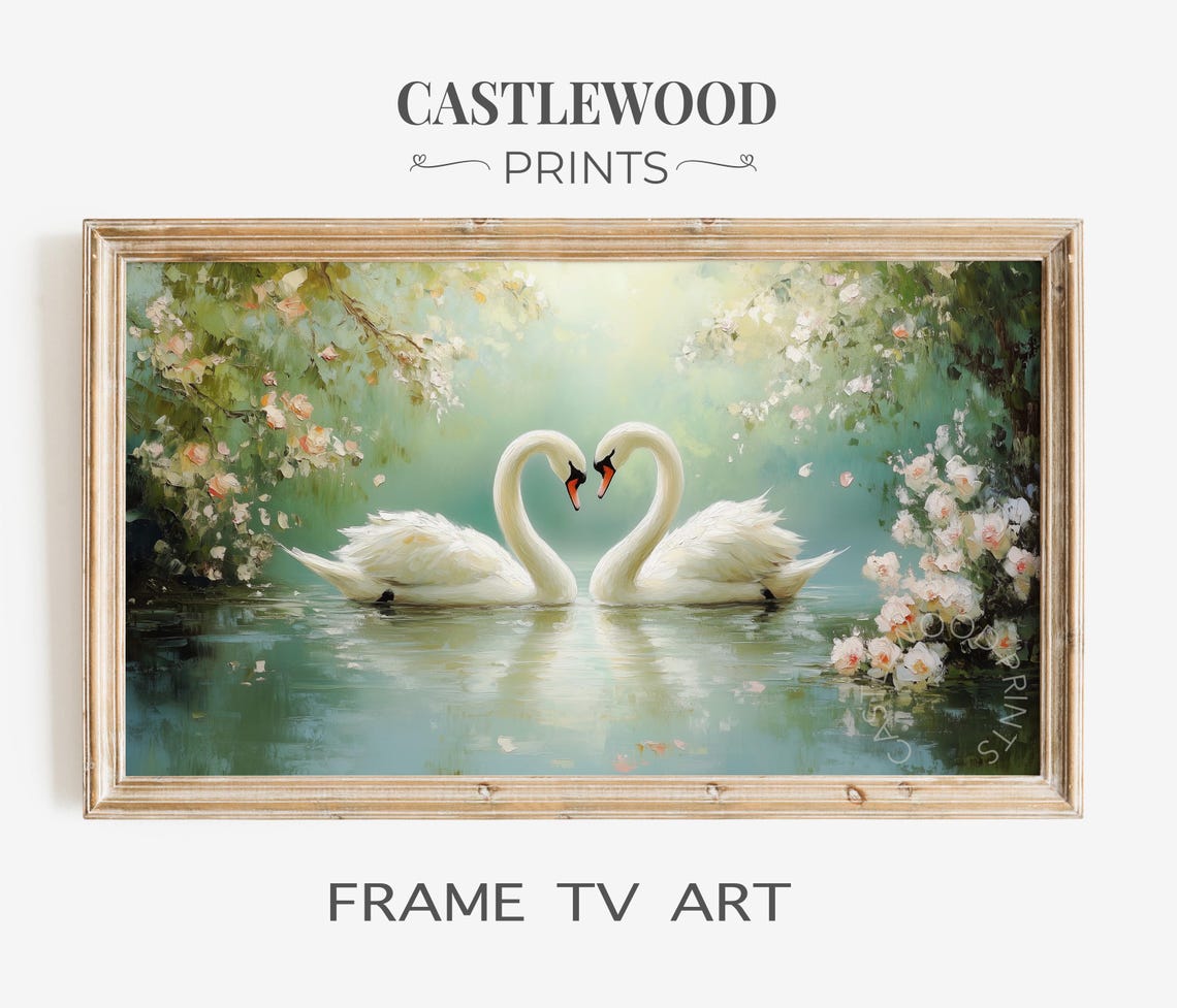 Two Swans Heart Shape Romantic Lake Impressionist Frame TV Wall Art