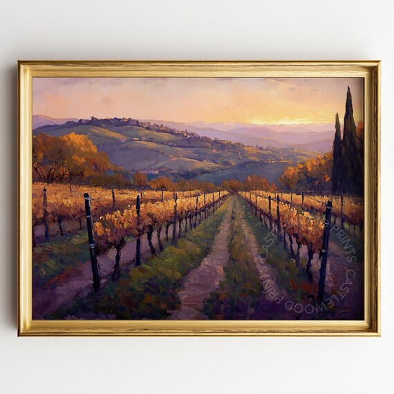 Rustic Vineyard at Golden Dusk With Cypress Trees and Rolling Hills Poster