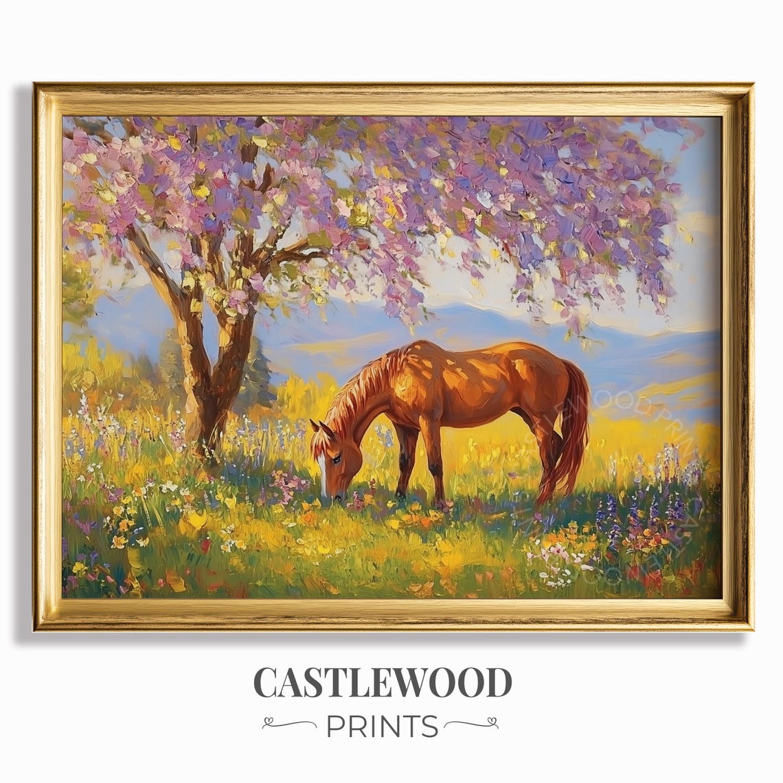 Chestnut Horse Grazing Under Blossoming Tree Meadow Art Poster
