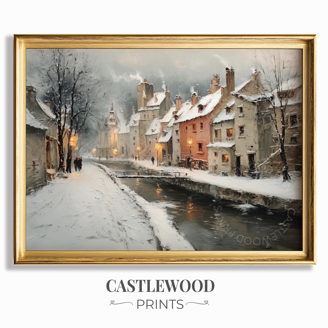 Snowy Canal Street Village Scene Winter Vintage Oil Painting Poster