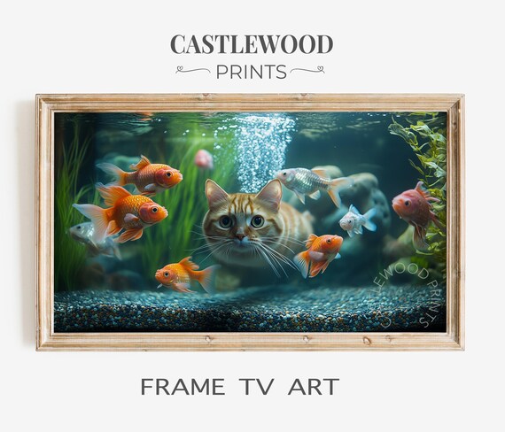 Swimming Cat With Goldfish Underwater Whimsical Frame TV Wall Art
