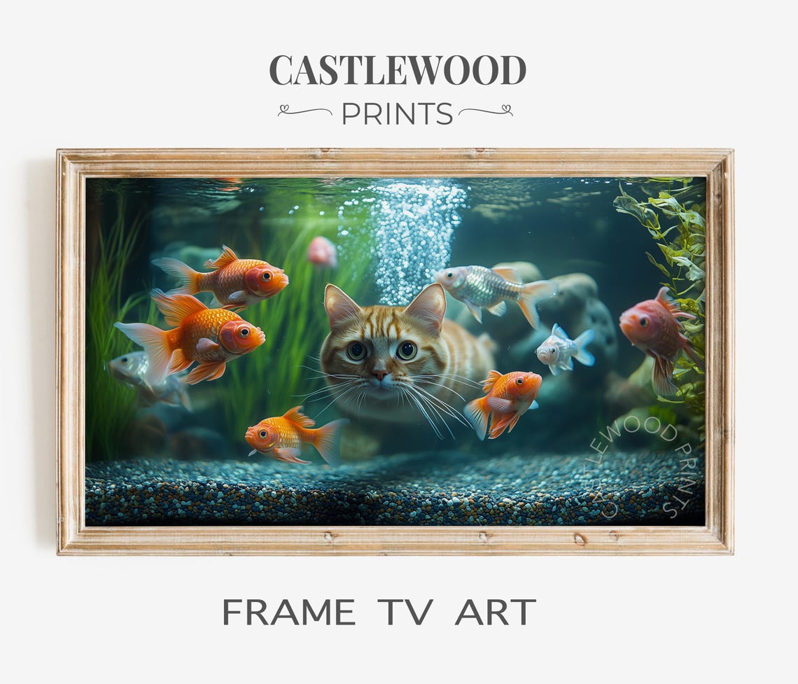 Swimming Cat With Goldfish Underwater Whimsical Frame TV Wall Art