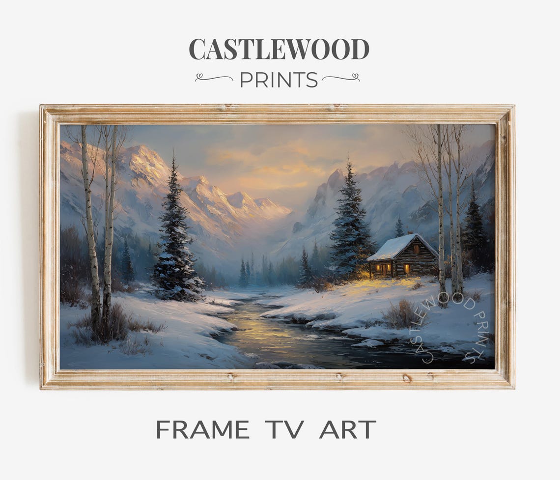 Winter Cabin By Frozen River Snowy Mountains Frame TV Wall Art