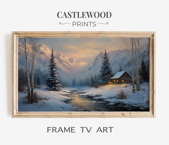Winter Cabin By River Frame Tv Art Rustic Snowy Landscape For Cozy Cottage Scene Country Wall Decor 54