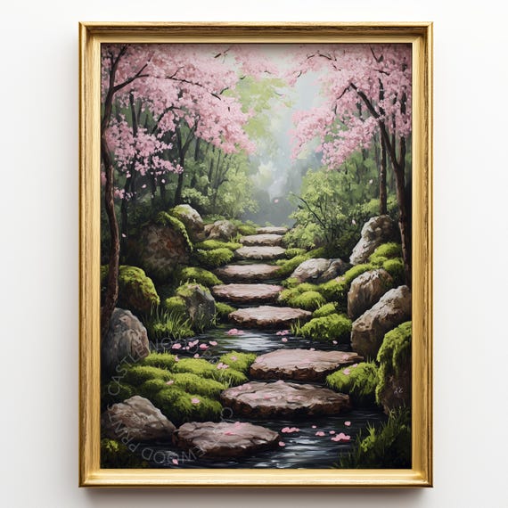 Kyoto Temple Garden In Spring Cherry Blossom Pathway Rustic Landscape Wall Art Serene Nature Decor Painting 512