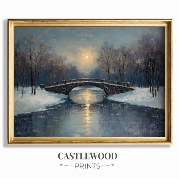 Winter Stone Bridge Scene Landscape Art Snowy River Oil Painting Rustic Decor Tranquil Night Wall Print 361