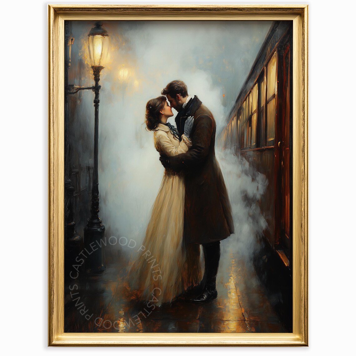 Victorian Couple Embracing in a Lamp Lit Foggy Station Art Print