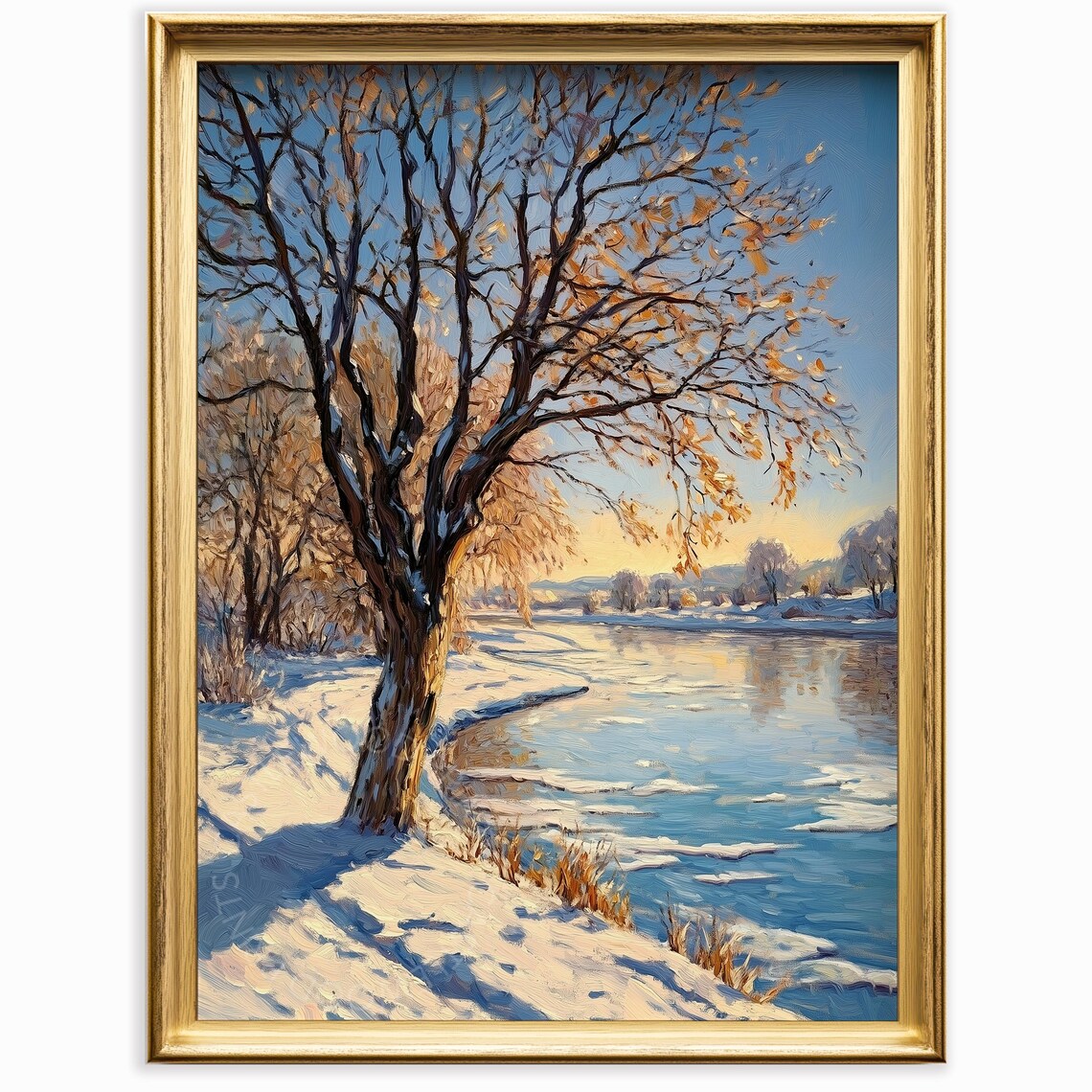 Snowy River Sunrise Golden Winter Landscape Oil Painting Rustic Poster