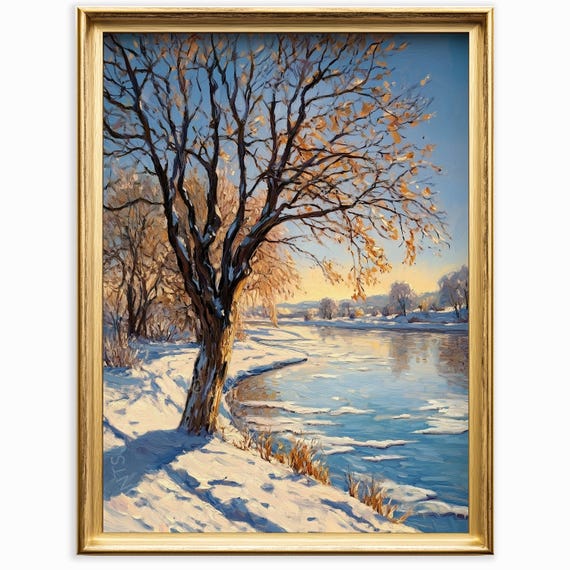 Snowy River At Sunrise Winter Landscape Art Rustic Oil Painting Tranquil Countryside Scene Wall Decor For Home 1025